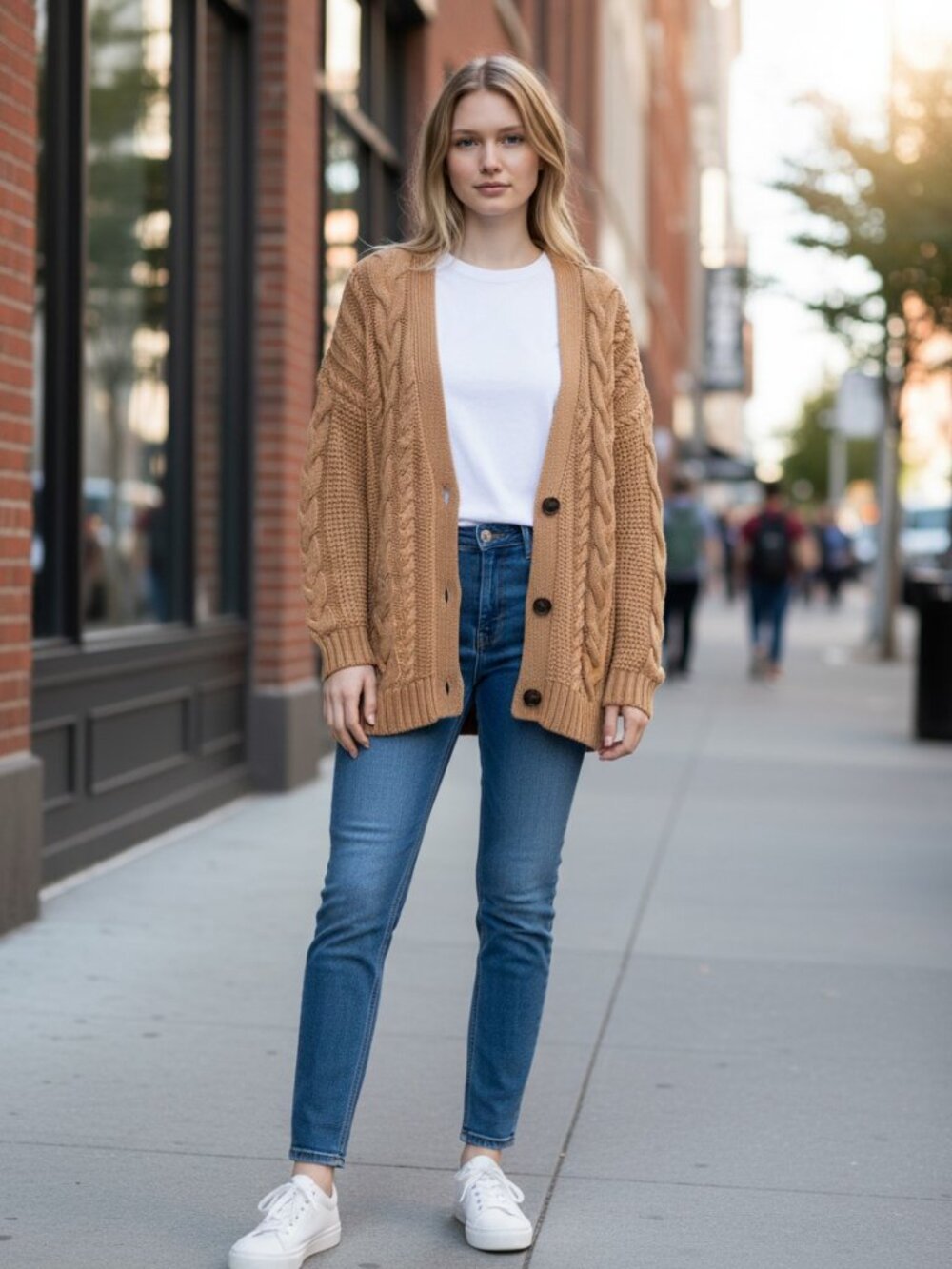 Quince 100% Cotton Oversized Cable Knit V-Neck Cardigan Camel Medium Preowned